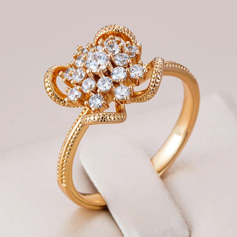 Elegant 585 Rose Gold Hollow Floral Ring with Shiny Natural Zircon - Unique Ethnic Cocktail Jewelry