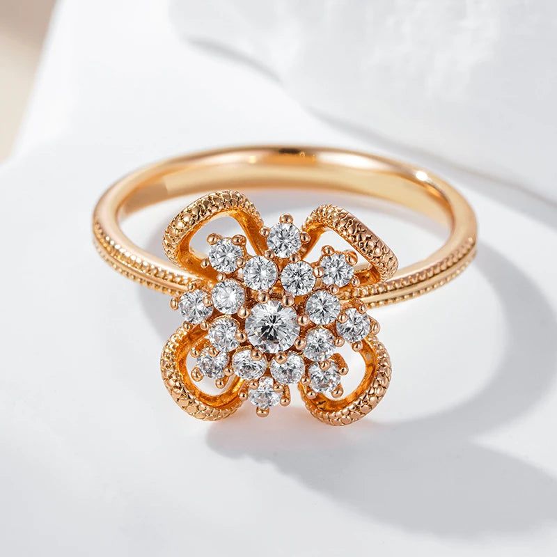 Elegant 585 Rose Gold Hollow Floral Ring with Shiny Natural Zircon - Unique Ethnic Cocktail Jewelry