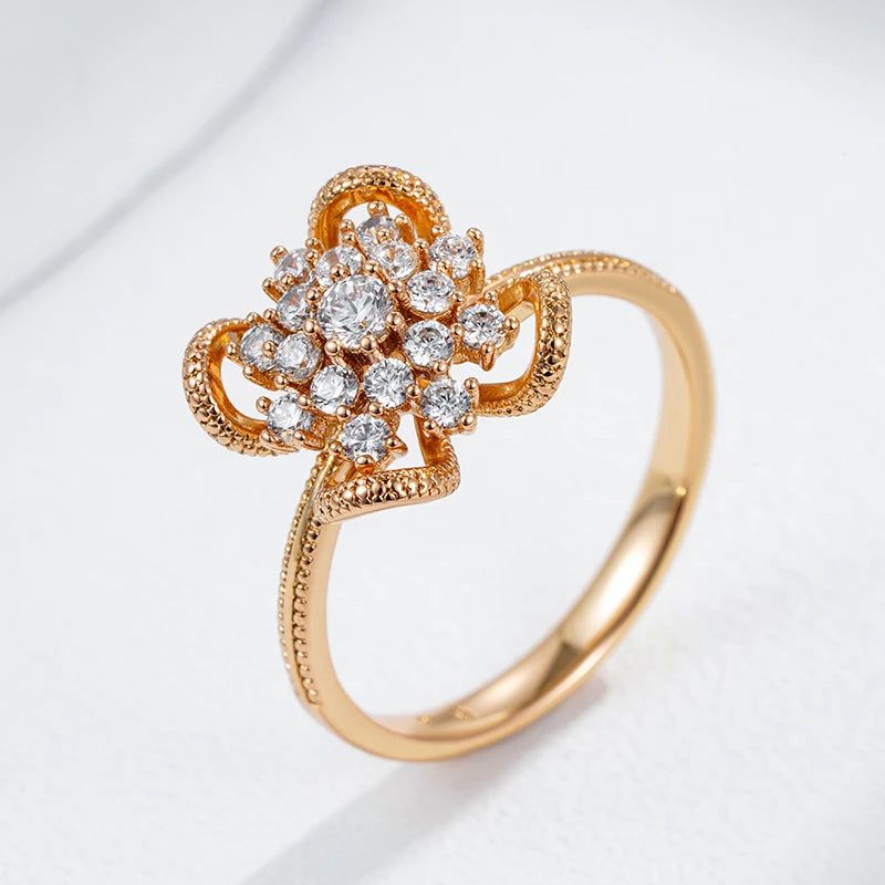 Elegant 585 Rose Gold Hollow Floral Ring with Shiny Natural Zircon - Unique Ethnic Cocktail Jewelry