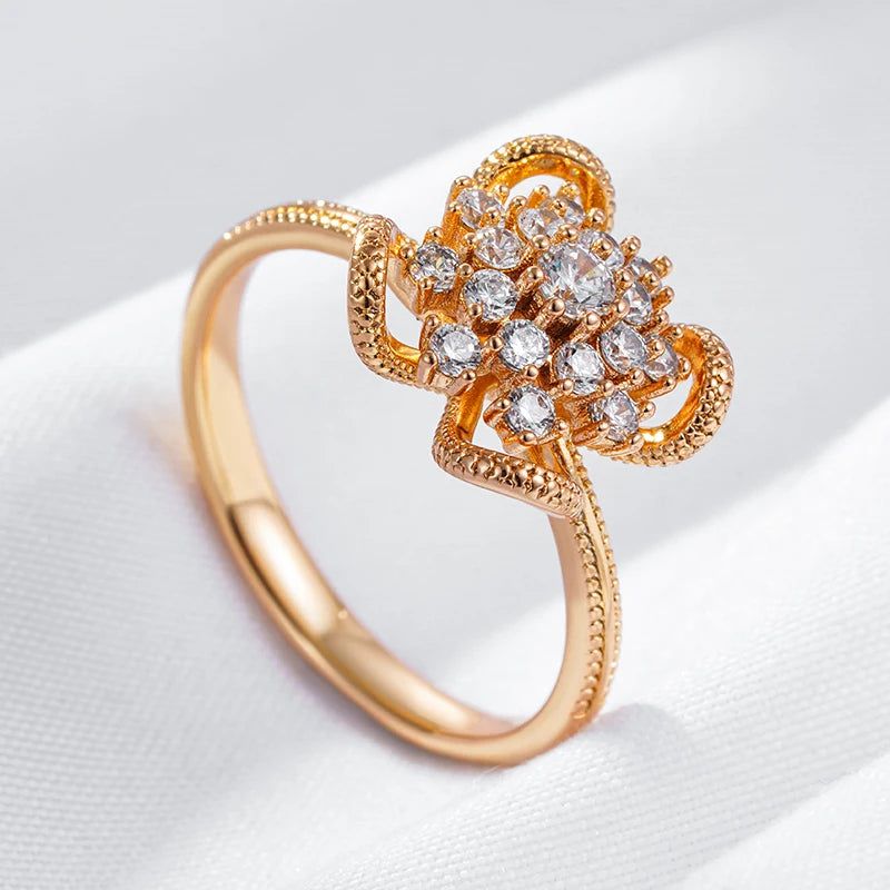 Elegant 585 Rose Gold Hollow Floral Ring with Shiny Natural Zircon - Unique Ethnic Cocktail Jewelry