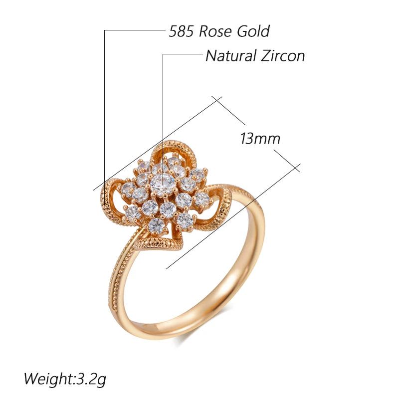 Elegant 585 Rose Gold Hollow Floral Ring with Shiny Natural Zircon - Unique Ethnic Cocktail Jewelry