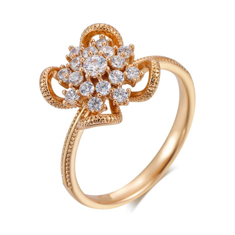 Elegant 585 Rose Gold Hollow Floral Ring with Shiny Natural Zircon - Unique Ethnic Cocktail Jewelry