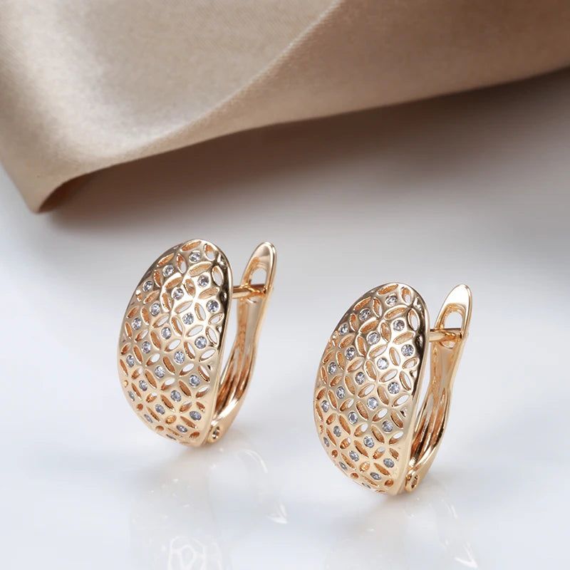 Elegant 585 Rose Gold Hollow Flower Drop Earrings with Natural Zircon - Perfect Holiday Jewelry