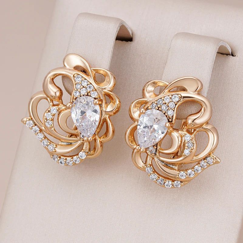 Elegant 585 Rose Gold Hollow Flower Earrings with Natural Zircon for Unique Style