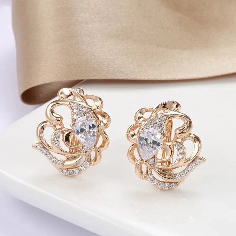 Elegant 585 Rose Gold Hollow Flower Earrings with Natural Zircon for Unique Style