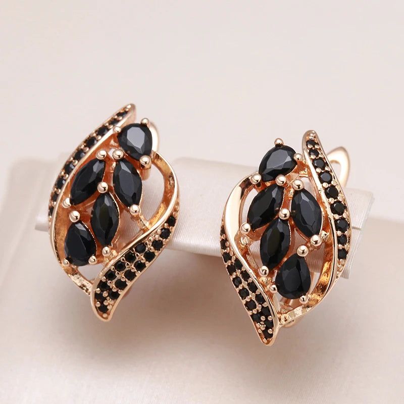 Elegant 585 Rose Gold Leaf Clip Earrings with Black Natural Zircon Inlay - Stunning Jewelry for Any Occasion