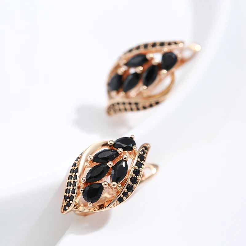 Elegant 585 Rose Gold Leaf Clip Earrings with Black Natural Zircon Inlay - Stunning Jewelry for Any Occasion