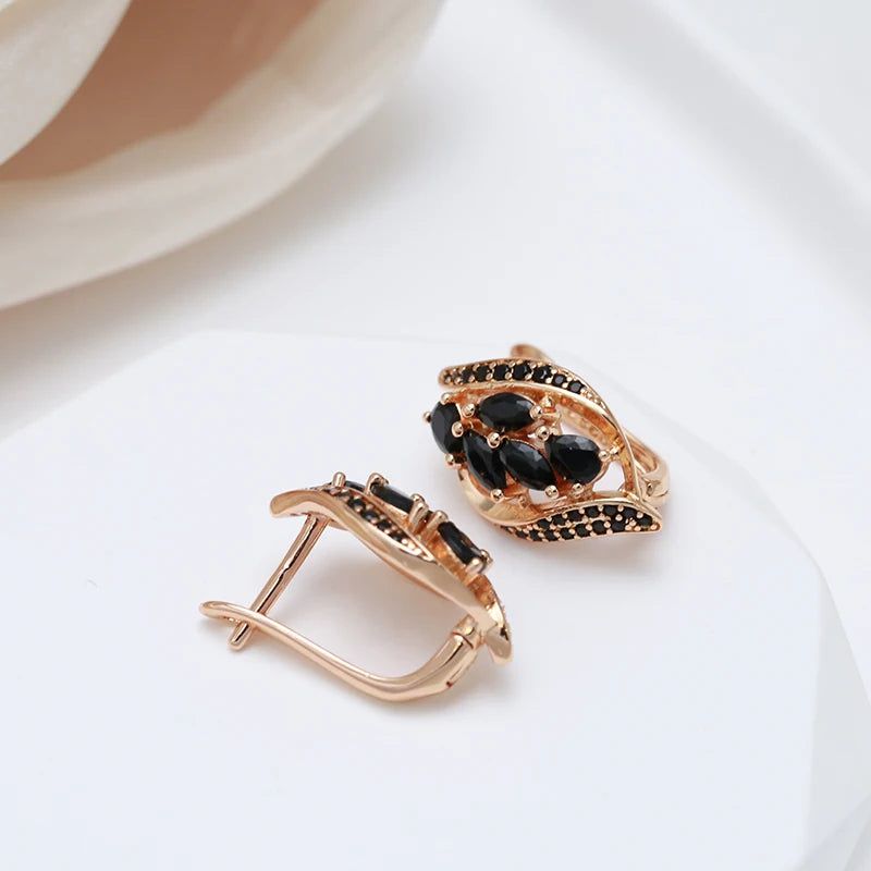 Elegant 585 Rose Gold Leaf Clip Earrings with Black Natural Zircon Inlay - Stunning Jewelry for Any Occasion