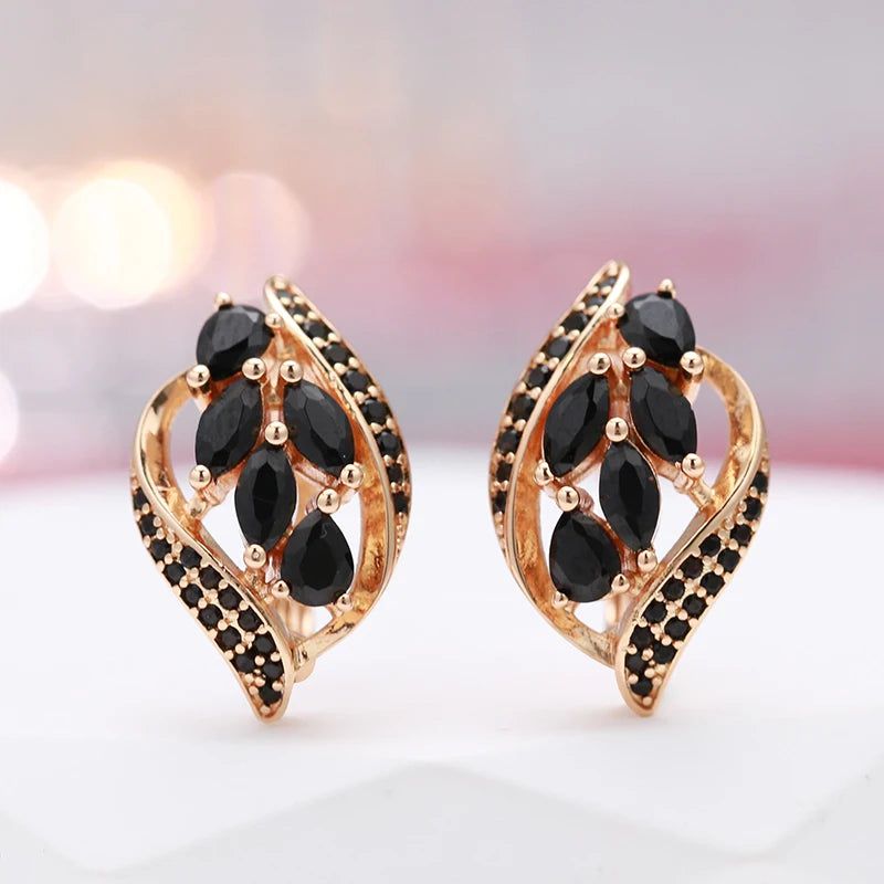 Elegant 585 Rose Gold Leaf Clip Earrings with Black Natural Zircon Inlay - Stunning Jewelry for Any Occasion