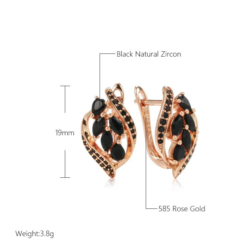 Elegant 585 Rose Gold Leaf Clip Earrings with Black Natural Zircon Inlay - Stunning Jewelry for Any Occasion