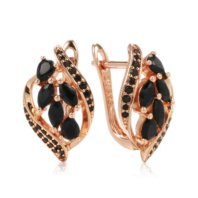 Elegant 585 Rose Gold Leaf Clip Earrings with Black Natural Zircon Inlay - Stunning Jewelry for Any Occasion