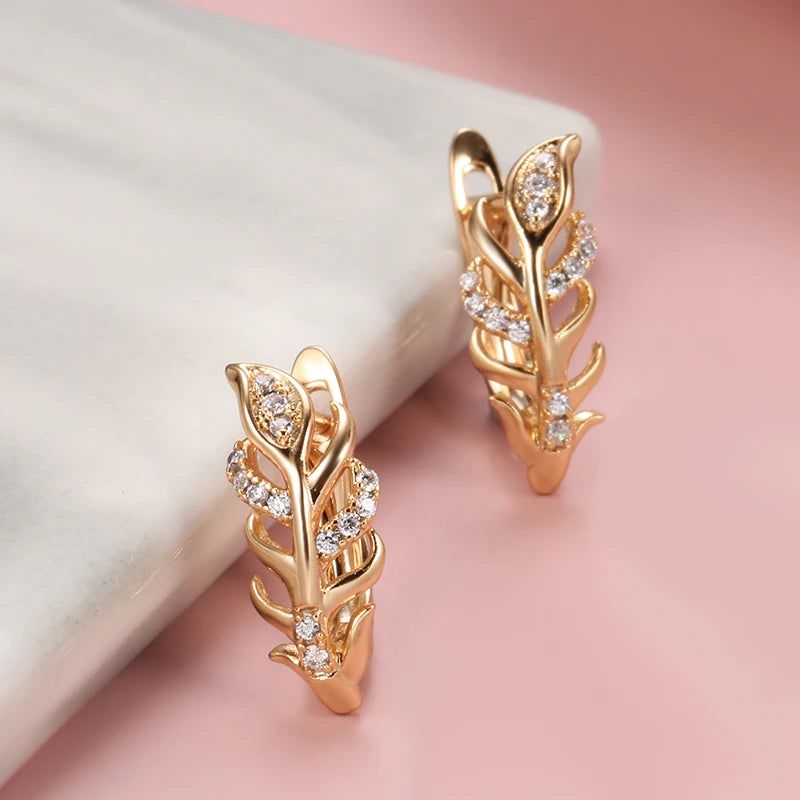 Elegant 585 Rose Gold Leaf Drop Earrings with Natural Zircon and Bridal Crystals