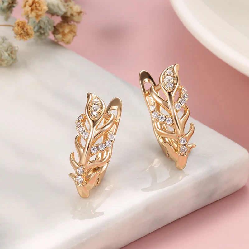 Elegant 585 Rose Gold Leaf Drop Earrings with Natural Zircon and Bridal Crystals