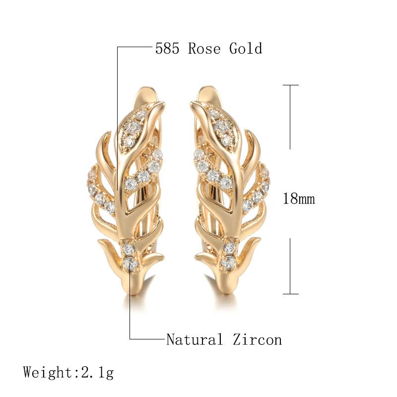 Elegant 585 Rose Gold Leaf Drop Earrings with Natural Zircon and Bridal Crystals