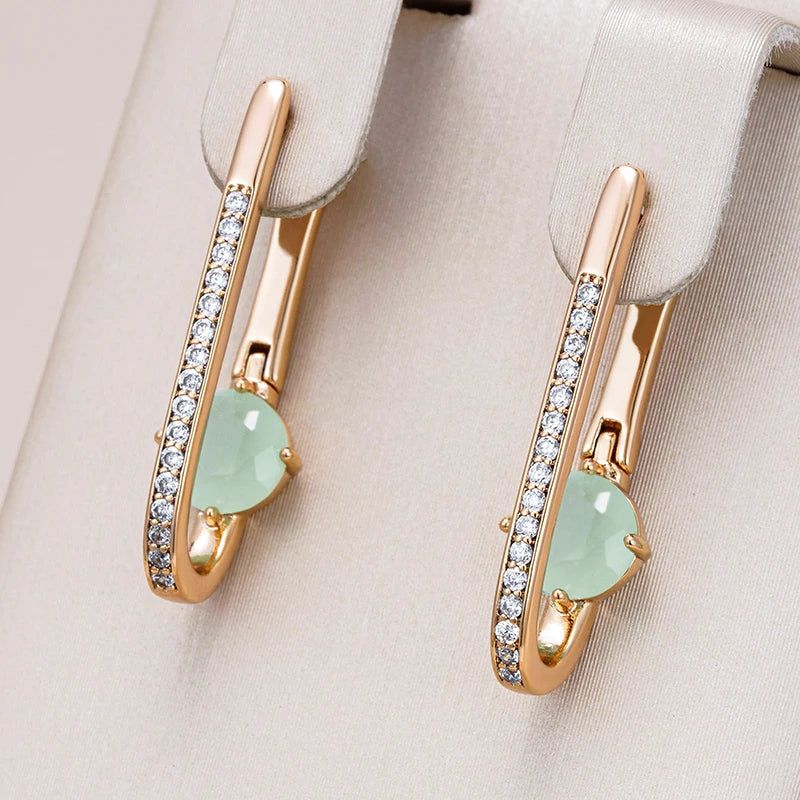 Elegant 585 Rose Gold Long Drop Earrings with Natural Green Zircon - High-Quality Fashion Jewelry