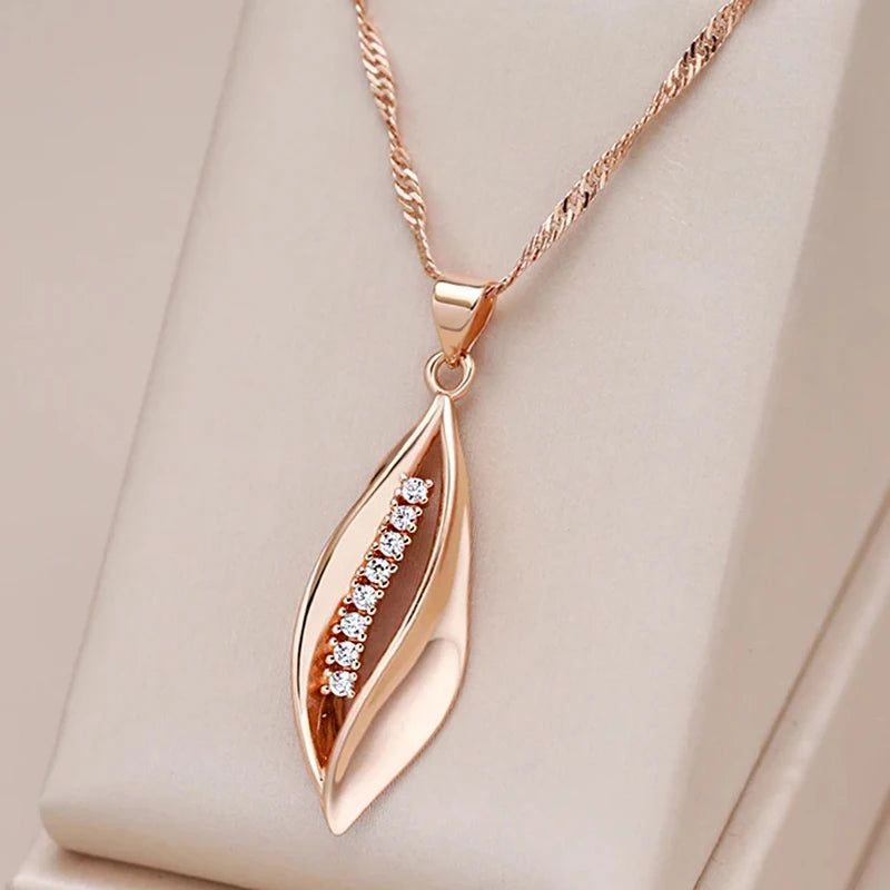 Elegant 585 Rose Gold Long Pendant Necklace with Geometric Natural Zircon Accents