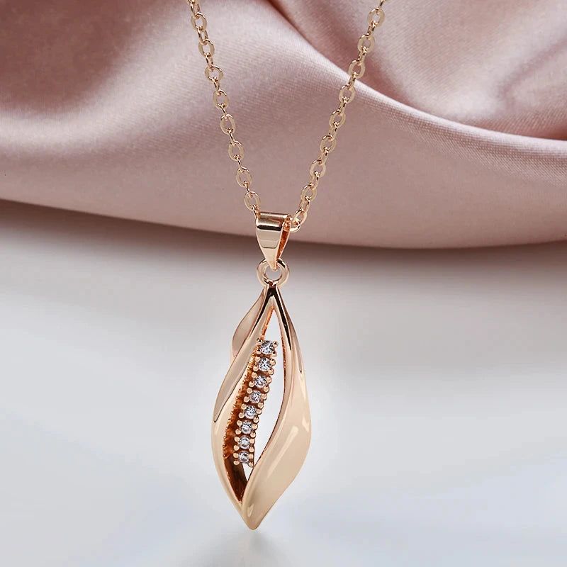 Elegant 585 Rose Gold Long Pendant Necklace with Geometric Natural Zircon Accents