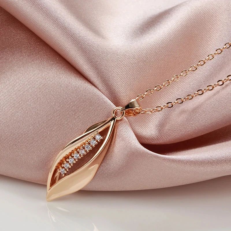 Elegant 585 Rose Gold Long Pendant Necklace with Geometric Natural Zircon Accents