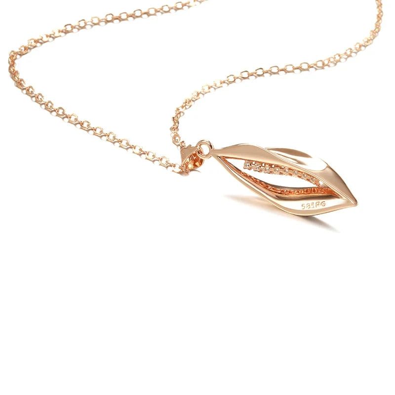 Elegant 585 Rose Gold Long Pendant Necklace with Geometric Natural Zircon Accents