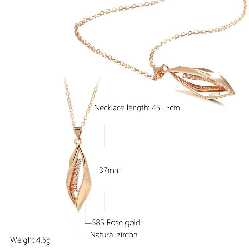 Elegant 585 Rose Gold Long Pendant Necklace with Geometric Natural Zircon Accents