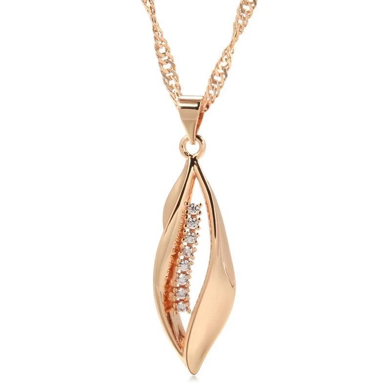 Elegant 585 Rose Gold Long Pendant Necklace with Geometric Natural Zircon Accents