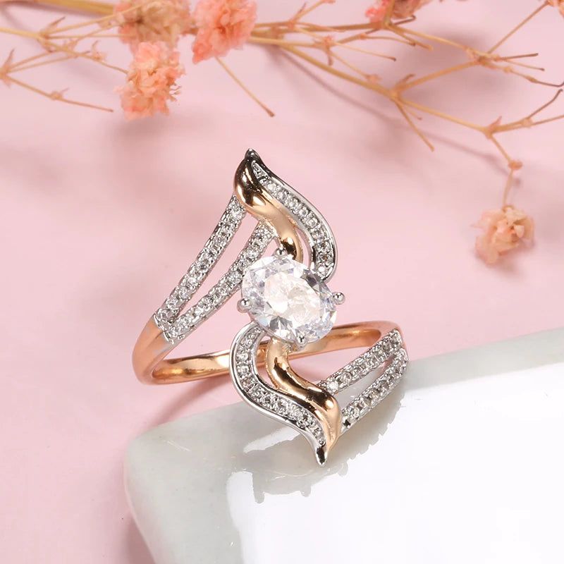 Elegant 585 Rose Gold Micro-Wax Inlay Natural Zircon Floral Cocktail Ring