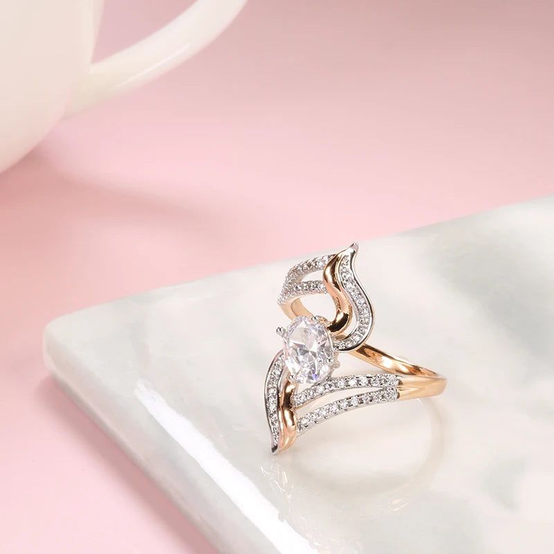 Elegant 585 Rose Gold Micro-Wax Inlay Natural Zircon Floral Cocktail Ring