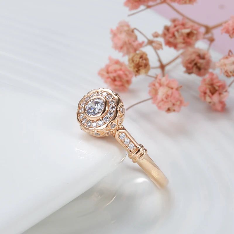 Elegant 585 Rose Gold Natural Zircon Bridal Ring with Vintage Hollow Design