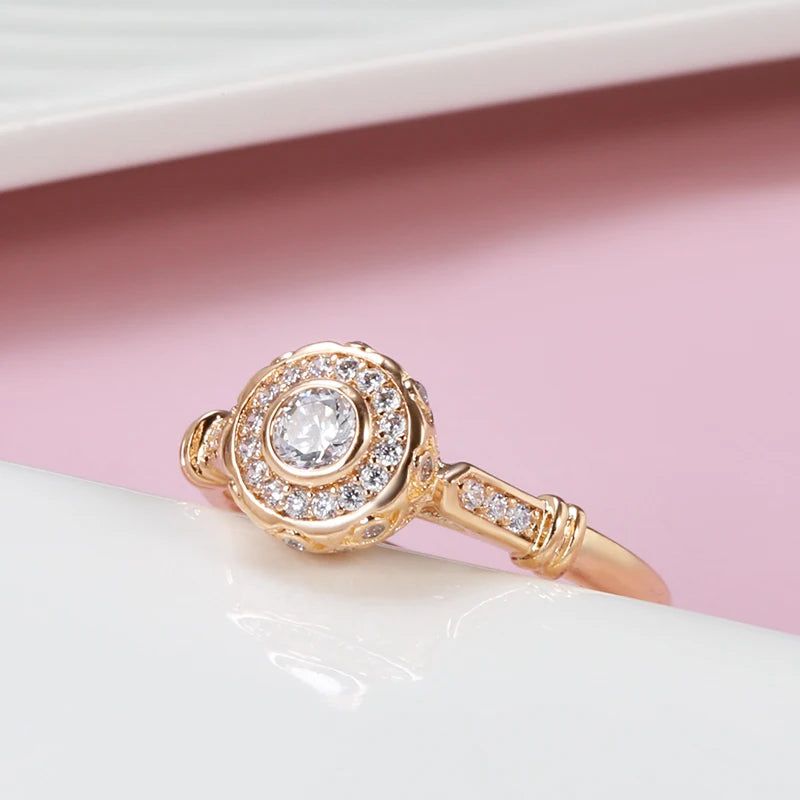 Elegant 585 Rose Gold Natural Zircon Bridal Ring with Vintage Hollow Design