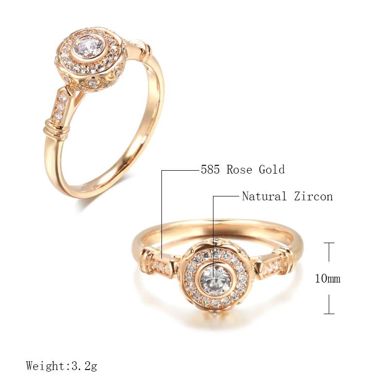 Elegant 585 Rose Gold Natural Zircon Bridal Ring with Vintage Hollow Design