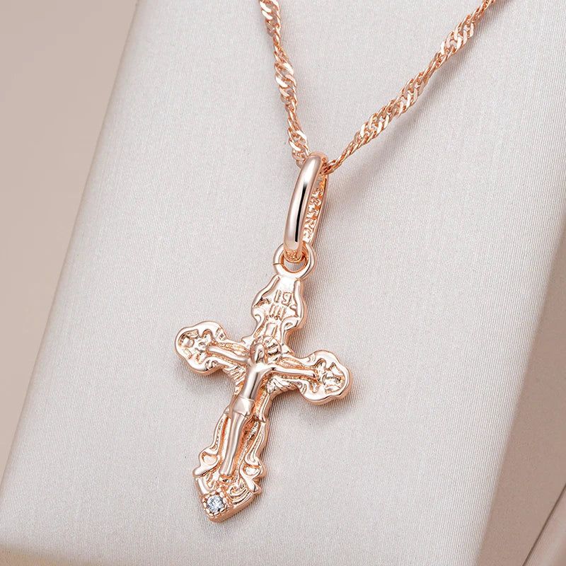 Elegant 585 Rose Gold Natural Zircon Cross Pendant Necklace - Religious Jesus Charm Jewelry