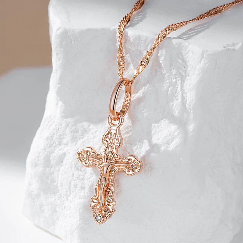 Elegant 585 Rose Gold Natural Zircon Cross Pendant Necklace - Religious Jesus Charm Jewelry