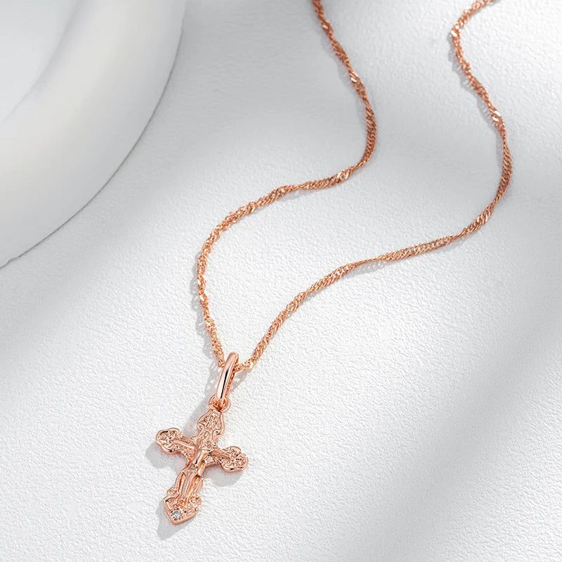 Elegant 585 Rose Gold Natural Zircon Cross Pendant Necklace - Religious Jesus Charm Jewelry