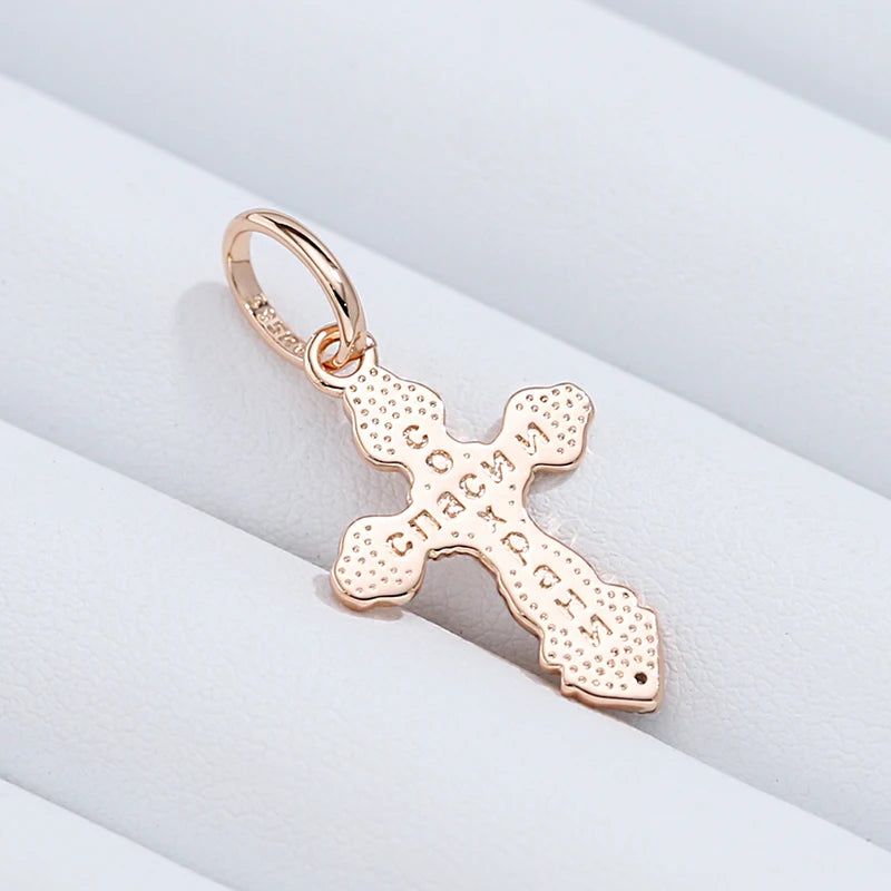 Elegant 585 Rose Gold Natural Zircon Cross Pendant Necklace - Religious Jesus Charm Jewelry