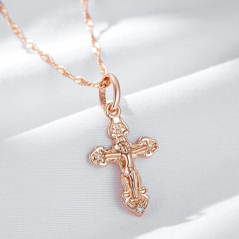 Elegant 585 Rose Gold Natural Zircon Cross Pendant Necklace - Religious Jesus Charm Jewelry