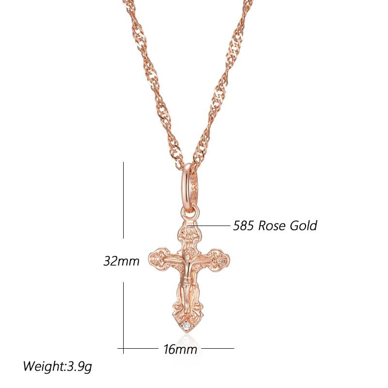 Elegant 585 Rose Gold Natural Zircon Cross Pendant Necklace - Religious Jesus Charm Jewelry