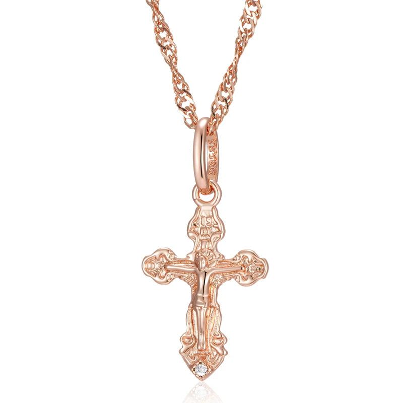 Elegant 585 Rose Gold Natural Zircon Cross Pendant Necklace - Religious Jesus Charm Jewelry