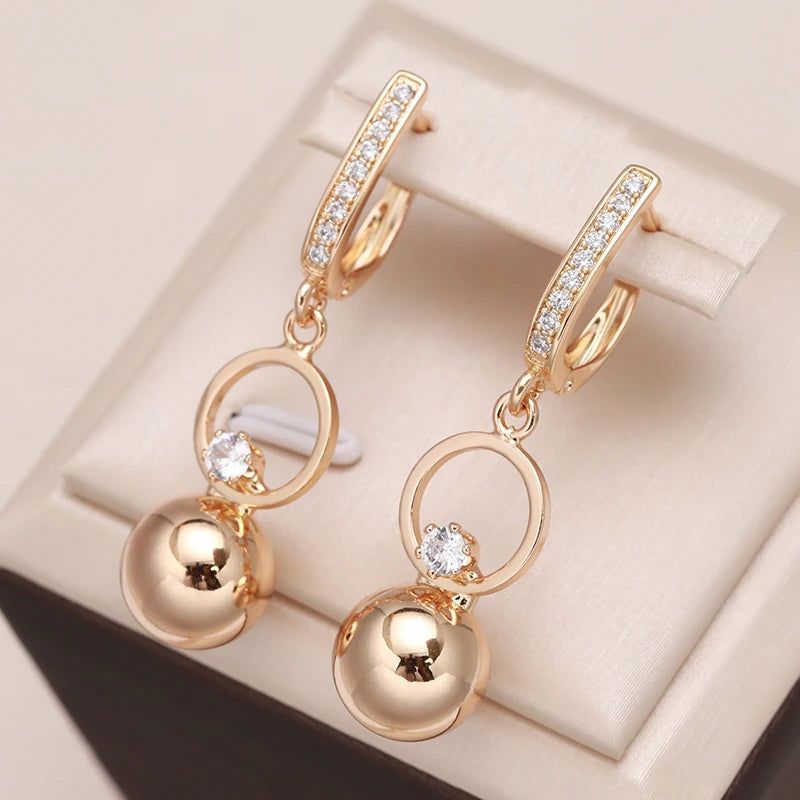 Elegant 585 Rose Gold Natural Zircon Long Spherical Earrings - Trendy Fashion Jewelry