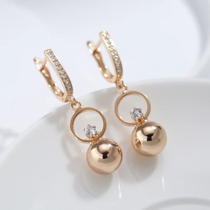 Elegant 585 Rose Gold Natural Zircon Long Spherical Earrings - Trendy Fashion Jewelry