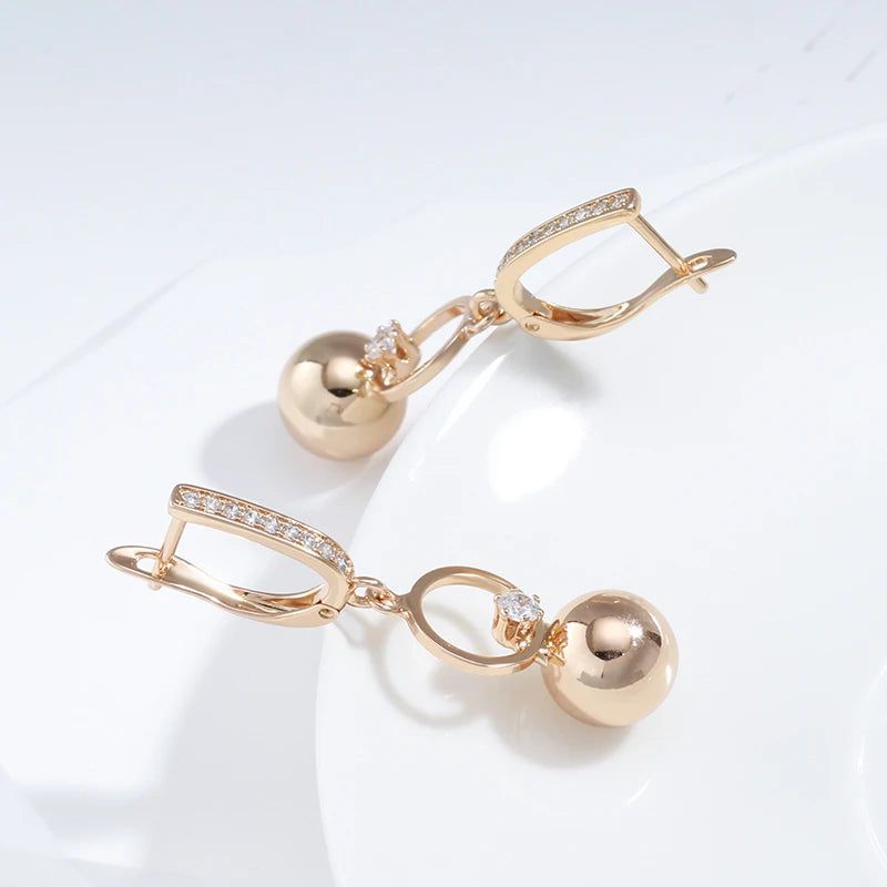 Elegant 585 Rose Gold Natural Zircon Long Spherical Earrings - Trendy Fashion Jewelry