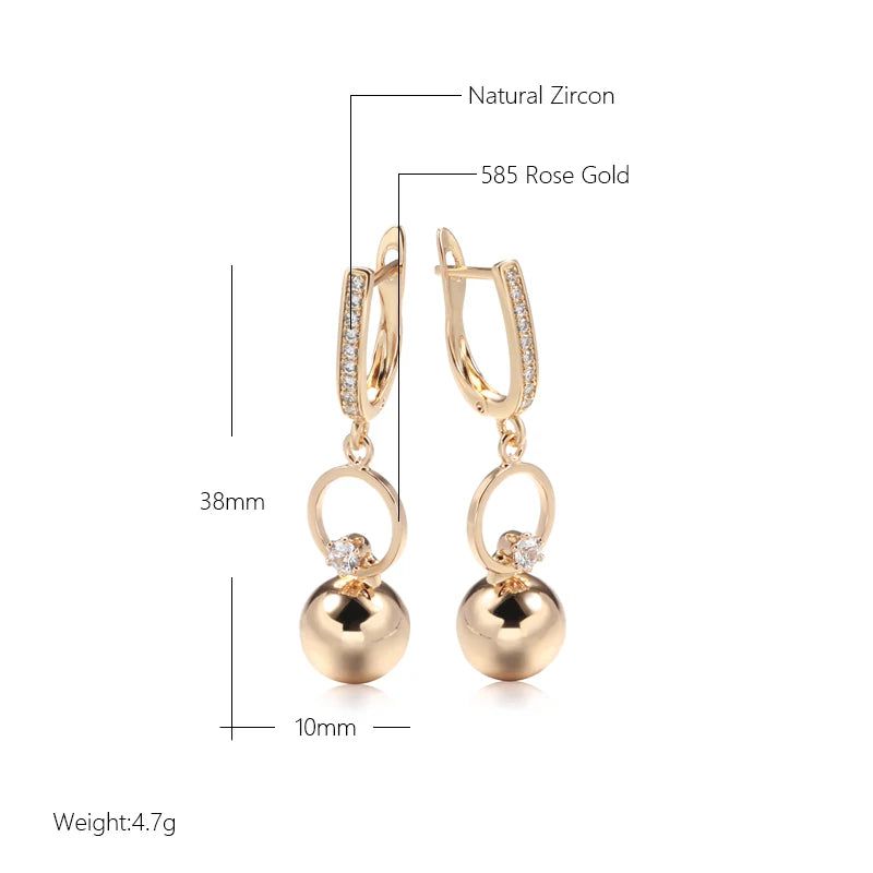 Elegant 585 Rose Gold Natural Zircon Long Spherical Earrings - Trendy Fashion Jewelry