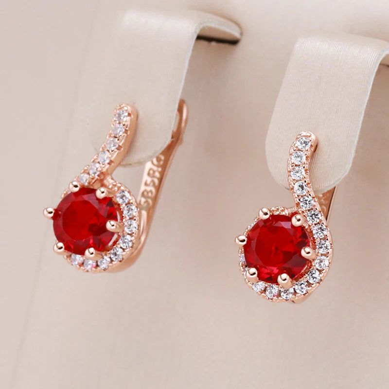 Elegant 585 Rose Gold Plated Round Red Zircon Drop Earrings