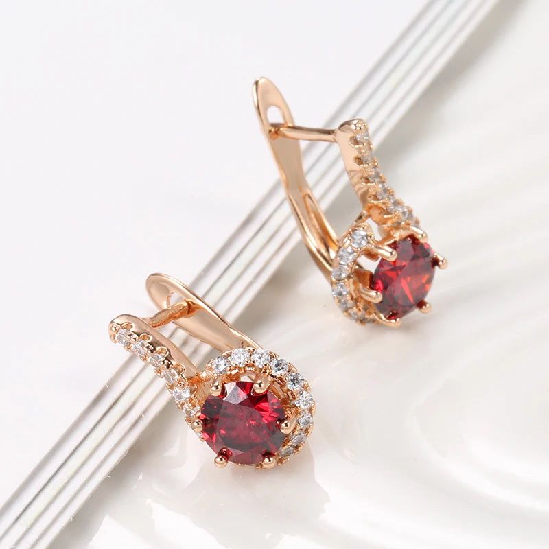 Elegant 585 Rose Gold Plated Round Red Zircon Drop Earrings