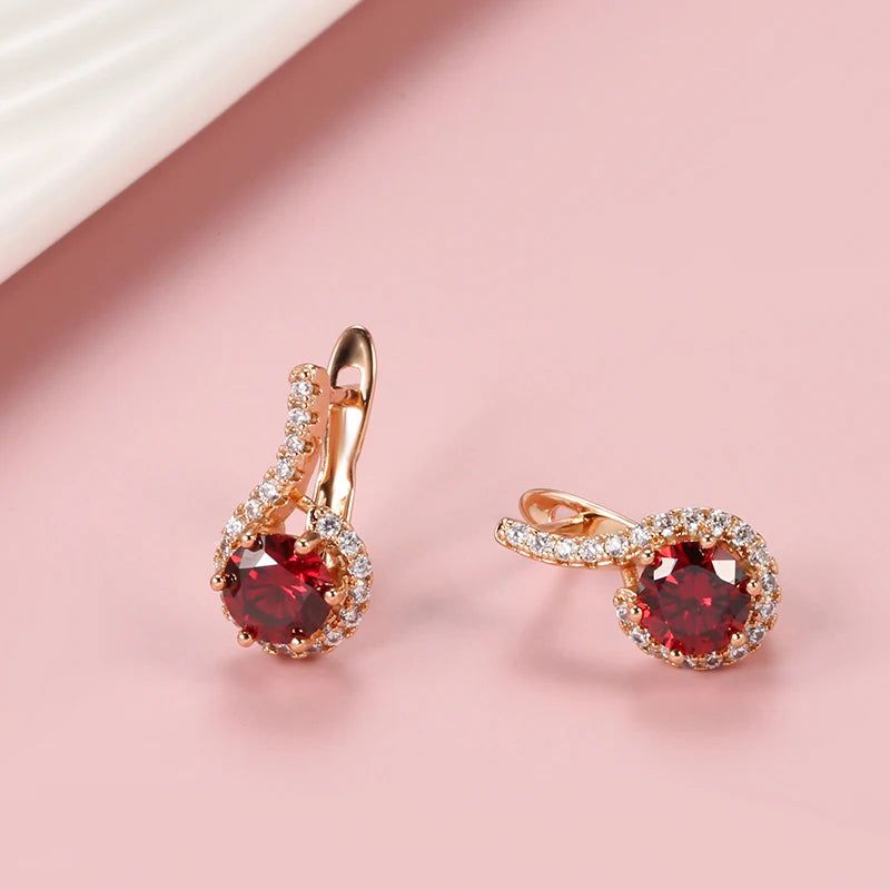 Elegant 585 Rose Gold Plated Round Red Zircon Drop Earrings