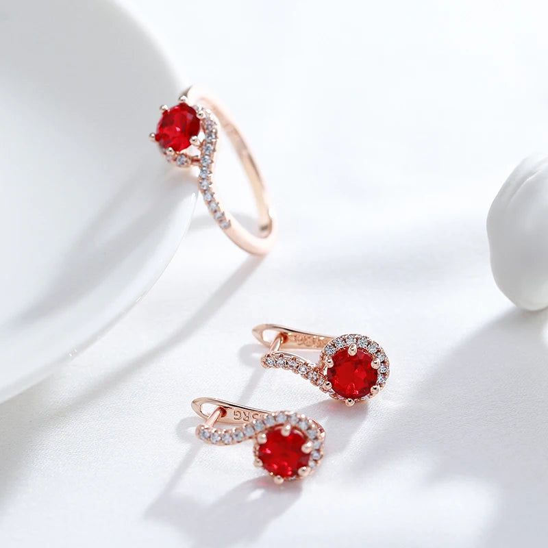 Elegant 585 Rose Gold Plated Round Red Zircon Drop Earrings