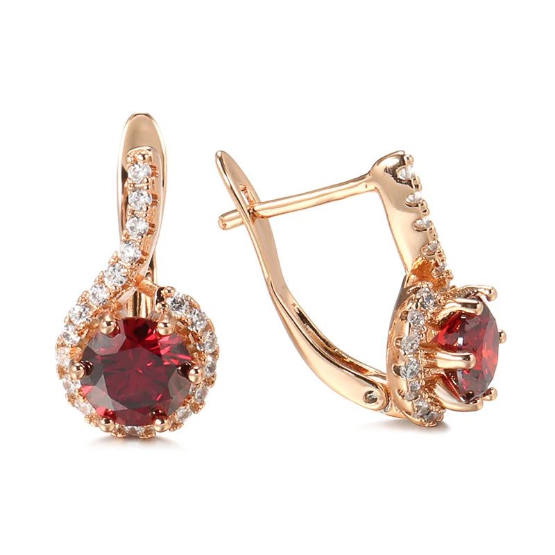 Elegant 585 Rose Gold Plated Round Red Zircon Drop Earrings