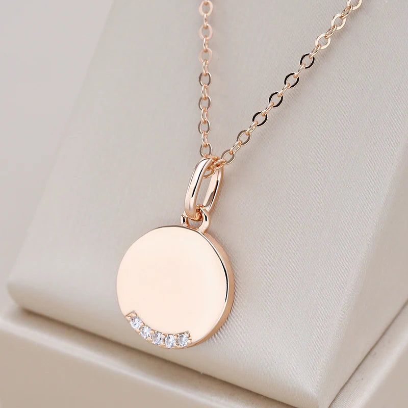 Elegant 585 Rose Gold Round Coin Pendant Necklace with Natural Zircon Shimmer