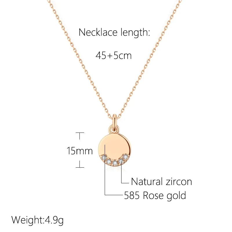 Elegant 585 Rose Gold Round Coin Pendant Necklace with Natural Zircon Shimmer