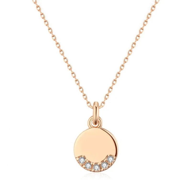 Elegant 585 Rose Gold Round Coin Pendant Necklace with Natural Zircon Shimmer