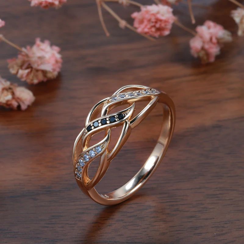 Elegant 585 Rose Gold Vintage Boho Hollow Flower Ring with Natural Black Zircon